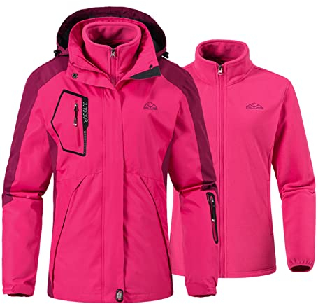 YSENTO Damen 3-in-1 Skijacke Winter Fleecejacke wasserdichte Winddichte Warme Funktions Outdoor Softshell Jacke mit Abnehmbarer Kapuze(Rosarot,M)