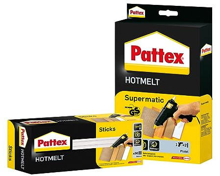 Pattex Hotmelt Supermatic Heißklebepistole, Set 2 Klebesticks & Pattex Hotmelt Sticks zum Nachfüllen, Klebesticks, Transparent, zum Basteln, 1x 50 Sticks
