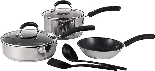 Batería Cocina Acero Inoxidable 18/10 Antiadherente, Juego de Cocinas Antiadherentes con Boquilla, Juego de Sartenes y Olla Cazuela Inducción Compatible, Apta para Todo Tipo de Cocinas, 7 Piezas