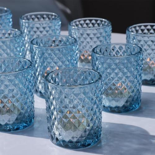 Vohocandle Juego de 12 portavelas de cristal azul para boda, portavelas de té, portavelas de cristal, para fiestas de cumpleaños, para decoración del hogar