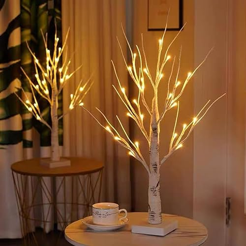 Set of 2 Small Birch Twig Tree Pre-Lit Twig Tree with 24 Warm White LEDs USB & Battery Operated Tabletop Decorative Festive Tree Decoration for Easter Xmas Home Party Wedding Christmas (60cm/2ft)