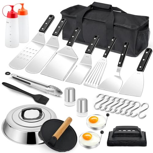 29Pcs Griddle Accessories Set, Leonyo Flat Top Grill Spatula Kit, 18/10 Stainless Steel Grill Accessories for Outdoor Barbecue Teppanyaki Camping Cooking, Included Melting Dome, Griddle Scraper