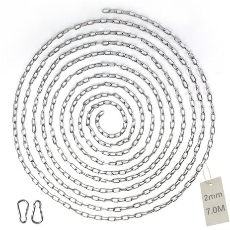 EXLECO 7M Edelstahlkette φ2mm Stahlkette Kette Gliederkette Absperrkette Zierkette mit 2 Karabinerhaken Metallkette zum Aufhängen Hundekette Ankerkette Rundgliederkette langgliedrig poliert