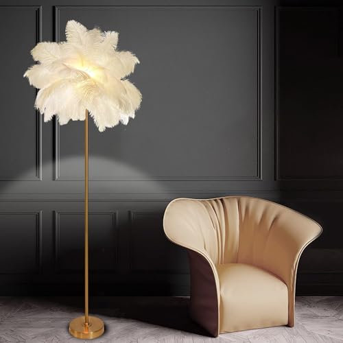 GUODDM Lampe en Plumes D'autruche, Lampadaire LED en Plumes, Lampadaire en Palmier À Plumes Blanches pour Salon, Lampe sur Pied Moderne pour Salon, Lampes sur Pied pour Adolescentes