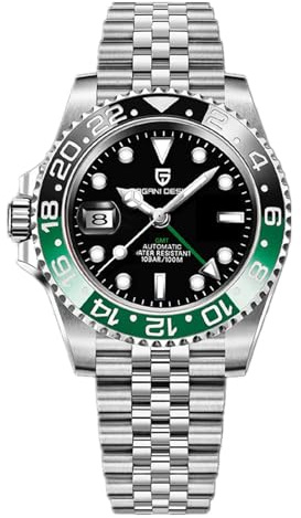 SUZAKU 1662 GMT automatisk herrklocka NH34 mekanisk klocka med två tidszoner och kalender vattentät klocka i rostfritt stål ljus för män, 5z-svart grön, Klassisk