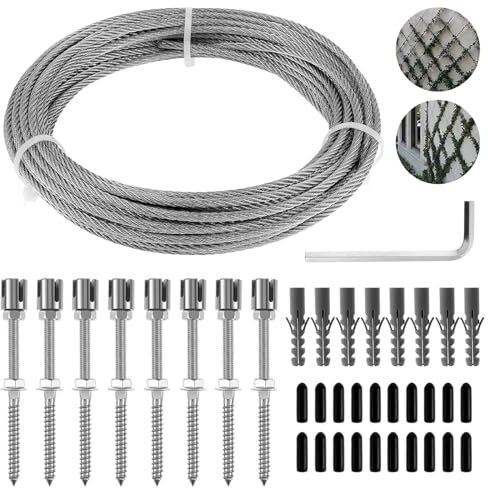 Hanured Rankhilfe aus Edelstahl für Kletterpflanzen, mit Wandhaltern und 3mm Stahlseil, Pflanze Die Rankhilfe Edelstahl(8 Halter, 12m Seil)