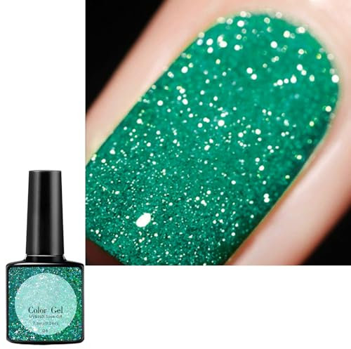 Green Glitter Gel Nail Polish, Diamond Shine Soak Off LED/UV Sparkly Long Lasting Easy to Apply Nail Varnish Gel for DIY Nail Art Manicure Salon Gift for Women (7.5ML)