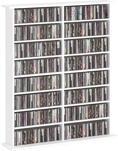 Unidad de Almacenamiento de CD y DVD HOMCOM, Unidad de Almacenamiento Multimedia con 16 Compartimentos y 12 estantes Ajustables, Capacidad máx. 720 CD/396 DVD y BLU-Ray, 106,5 x 24 x 123,7 cm, Blanco