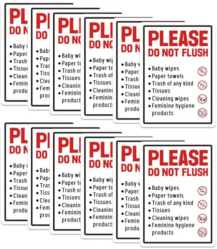 12pcs Please Do Not Flush Sign, 5.12x7.09in Self-Adhesive Toilet Sticker Do Not Flush Wipes Waterproof Bathroom Etiquette Sign for Public Restroom Reminder Stickers