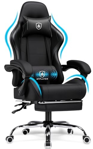 GTPLAYER Gaming Stuhl Bürostuhl Massage Gaming Sessel Ergonomischer Gamer Stuhl mit Fußstütze, Kopfstütze Massage-Lendenkissen, Gepolstert Gaming Chair, Drehsessel, Kunstleder-Kohleschwarz