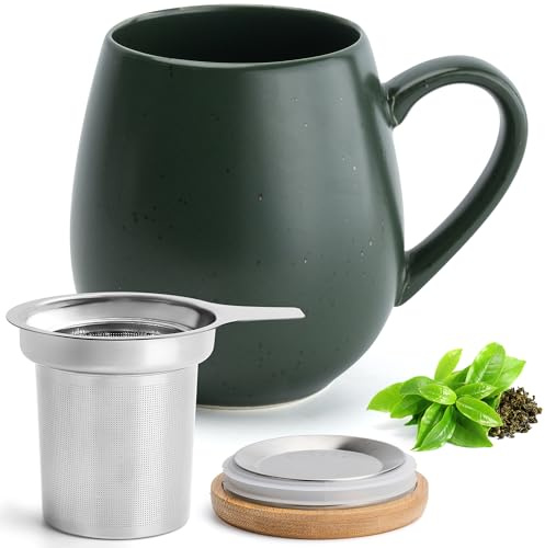 Happy Lemuro Large Tea Cup with Infuser and Lid – 19 oz Steeping Tea Cup – Teacup - Tea Steeper Cup with Handle - Loose Leaf Tea Infuser Mug (Khaki)