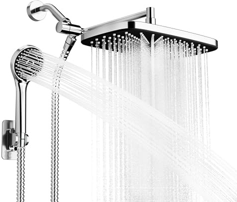 Seacity Wide Rain Shower Head With 5 Modes Handheld Showerheads, High Pressure Showerhead Combo with Extension Arm for Bathroom Accessories, Adjustable Shower Head with Anti-Clog Nozzles (Chrome)