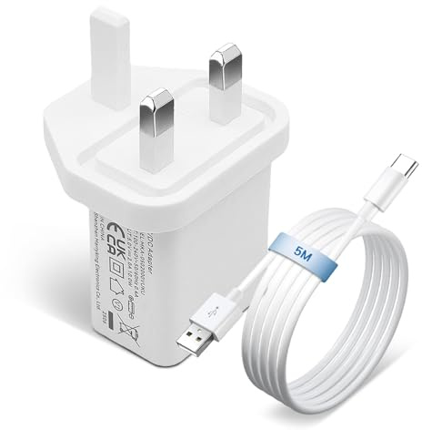 UKCA 5V 2A 10W USB Portable Wall Charger with 5M USB C Cable, AC DC Adapter Travel Plug, Power Supply for Security Cameras, Speakers, and More Type-C Enabled Devices-White