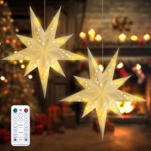 4 Pack 27 Inch Paper Star Lantern, 8 Modes 9-Pointed Star Diwali Hanging Lights, 3D Moravian Star, Christmas Decorations Lamp Indoor for Birthday Wedding Party, White