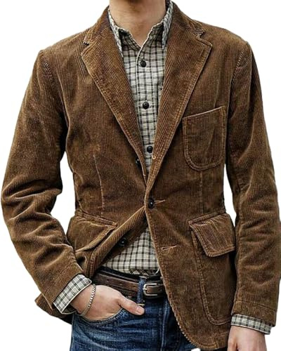 Men's Vintage Corduroy Jacket Casual Notched Lapel Business Dinner Suit Blazer Jacket Sport Coat(Brown01, XLarge)