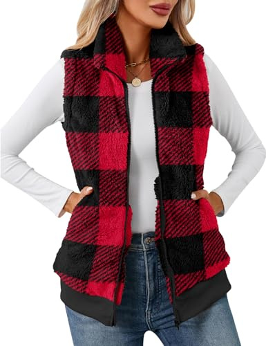 IECCP Teddy fleece-väst för kvinnor UK kroppsvärmare väst toppar enfärgade lätta mysiga västar stående krage ärmlös dragkedja väst med fickor, Rött och svart rutnät, M