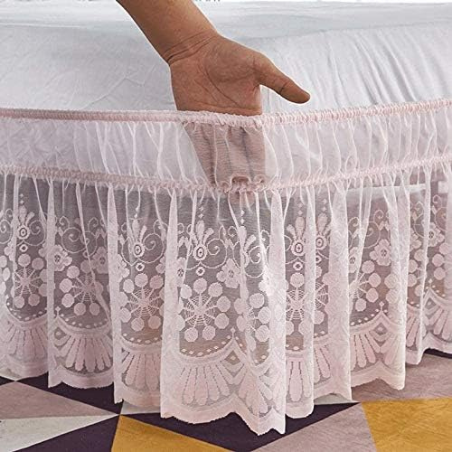 Cache-sommier élastique en microfibre douce avec dentelle et volants, pour lit simple/double/king size, sans surface de lit, chute de volants de 38 cm (rose, 180 x 200 + 38 cm)