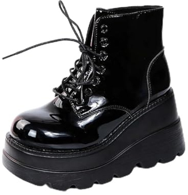 Edelaura Stivaletti con Lacci Eleganti da Donna in Stile Gotico Punk Stivali da Moto Plateau in Pelle Lacca Nera Stivaletti Comodi per il Tempo Libero con Tacco a Zeppa