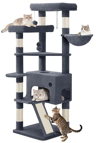 Hzuaneri Arbre à Chat de 153 cm, 1 Grande Niche pour Chat, Gris Foncé | Spacieux et Stable, avec Griffoir, 3 Grande Plateformes, Panier Confortable, Balle en Peluche, Planche à Gratter, MS15418SG
