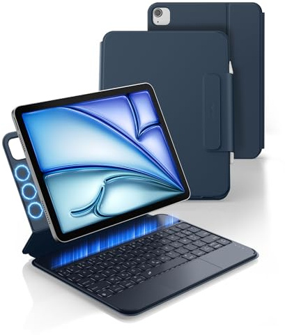 Dexnor Coque Clavier pour iPad Air 11 Pouces M4/M3/M2 (2026/2025/2024), Air 5/4 10.9 (2022/2020), Pro 11 4e/3e/2e/1re Gén, Magnétique Ultra-Mince Détachable avec Trackpad Rétro-éclairé AZERTY, Bleu