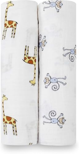 aden + anais Pucktücher, Baby-Decken aus 100% Baumwoll-Musselin für neugeborene Mädchen & Jungen, Wickeltücher-Set für Säuglinge & Kleinkinder, 120x120cm, 2er-Pack, jungle jam