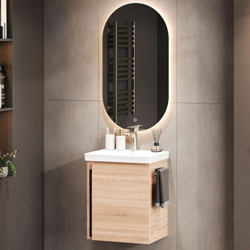 Planetmöbel Mueble bajo Lavabo 50 cm con Espejo de baño Ovalado con iluminación, Conjunto de Muebles de baño con Lavabo, suspendido, Roble Sonoma