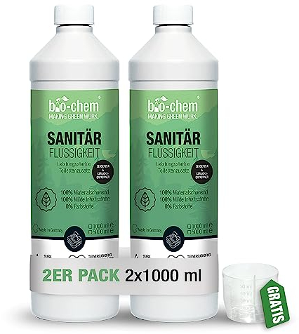 bio-chem Sanitärflüssigkeit für Campingtoilette - 2x 1 L inkl. Dosierbecher - Mikrobiologischer Toilettenzusatz hochkonzentriert - Wirkt gegen Fäkalien, Papier & Gerüche im Fäkalientank -Made in DE