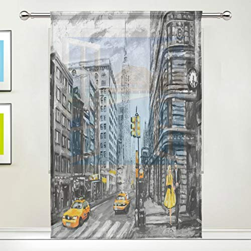 RXYY Voile-Vorhang für Fenster, transparent, für Mann und Frau, gelbes Taxi, New York, Ölgemälde, für Küche, Wohnzimmer, Dekoration, Schlafzimmer, Tür, Büro, 140 x 213 cm, 1 Stück