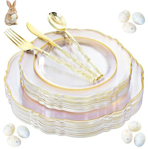 Liacere 150PCS Clear Gold Plastic Plates - Disposable Plastic Silverware with Glitter Bamboo Handle Cutlery-Baroque Clear Gold Disposable Plates for Wedding & Party & Mother's Day