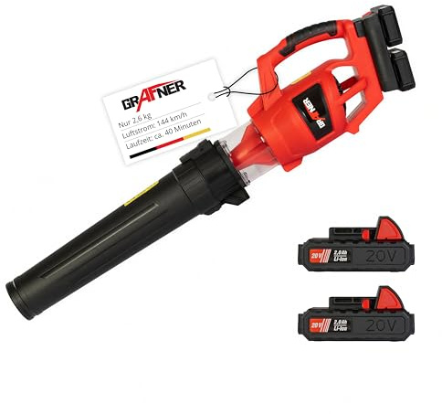 Grafner Akku Turbinen Laubbläser mit 40 Volt (2X 20V), 2X 2,0 Ah Lithium-Ionen Akku, 2 Stufen Drehzahlregulierung, hochwertiger Digital-Motor, Anti-Vibrationsgriff, incl. Akkus und Schnell-Ladegerät