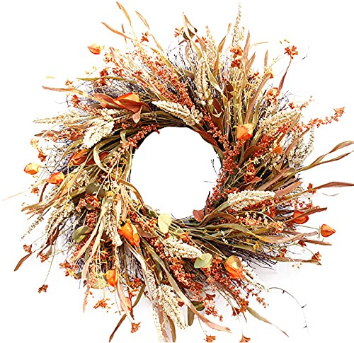 HLTER 61 cm Herbstkranz Haustür-Kranz künstliche Blätter Getreidekranz Ernte Weizenohren Girlande Herbstkranz für Thanksgiving Heimdekoration