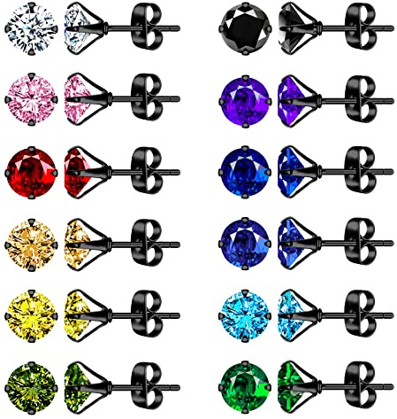 feilok 12 par 8 mm örhängen för män färgglada knoppörhängen herrörhängen kit rostfritt stål örhängen set smycken piercingar för man kvinna