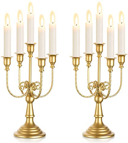 Sziqiqi Candelabra Candle Holder Gold Set of 2-5-stem Metal Candlestick Holders for Taper Candles for Centerpieces Table Wedding Birthday Fireplace Christmas Decor