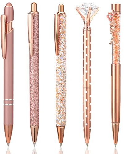 Pinenuts 5 Pieces Ballpoint Pens for Women Bling Metal Pens Elegant Diamond Design Stationery Office Desk Accessories Work Leaving Gift Thank You Gifts for Teachers Adults