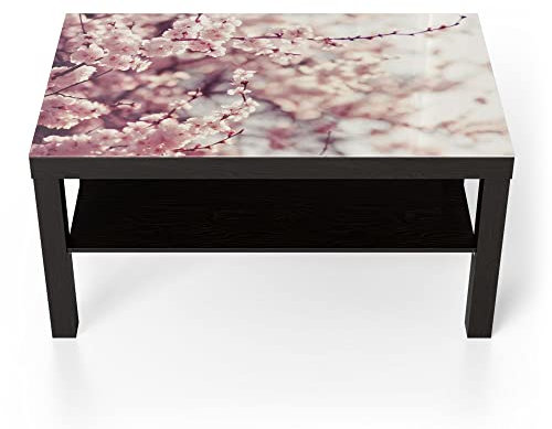 DEQORI Tavolo in vetro, nero, grande, 90 x 50 cm, motivo rami di fiori di ciliegio, tavolino in vetro lucido, tavolino da salotto moderno con design