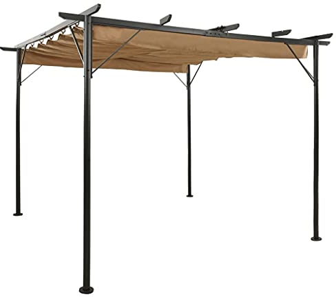 Pergola mit Versenkbarer Schiebedach, Balkon Pavillon Gartenpergola Gartenpavillon Überdachung Gartenzelt Sonnenschutz Terrassendach Stahlgestell, 3x3 m Taupe