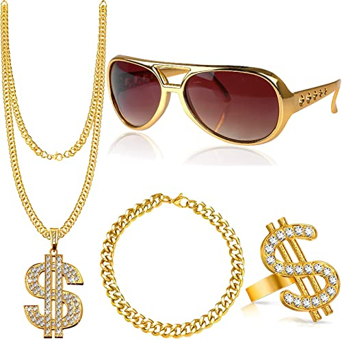 HEAWAA 4 Stück Hip Hop Kostüm Zubehör Set, 70er 80er 90er Jahre Rapper Accessories mit Dollar Halskette Ring Goldkette Armband Sonnenbrille Zuhälter Kostüm für Herren Fasching Karneval Cosplay