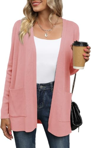 Yommay Cardigan da donna sciolto casual leggero da donna a maniche lunghe con scollo a V maglioni lavorati a maglia con tasche, rosa chiaro, M