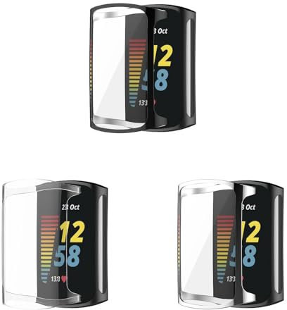 Case Compatible with Fitbit Charge 6 with Screen Protector, 3 Pack Flexible TPU Shockproof Scratch Proof Cover Case for Fitbit Charge 5/Charge 6 Activity Tracker (Black/Clear/Silver)