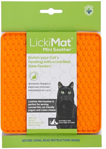 LickiMat Mini Classic Soother Cat Food Mat, Cat Slow Feeder for Boredom & Anxiety Relief for Cats, Perfect for Food, Treats, Yoghurt & Peanut Butter, Fun Alternative to a Slow Feeding Bowl, Orange