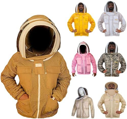 URBANSBEE Imkerjacke 3-lagig, professionell mit Hut gemustert, belüftet, Imker, Hemd, Beekeeping Jacke, Schutz für Imker (4XL, Beige mit gemustertem Hut)