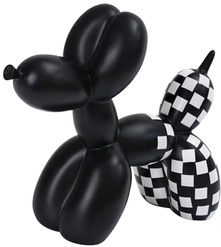 Notakia Statua Cane Palloncino a Scacchi in Resina, Bianco Nero per Casa | Design geometrico moderno con finitura lucida, ideale come soprammobile per soggiorno, mensola, scrivania e ufficio