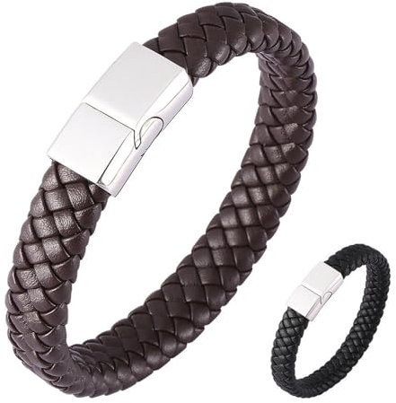 Beydodo Leder Armband Männer mit Gravur, Partnerarmbänder Leder Geflochten 12MM mit Magnetverschluss Charms Armband Schwarz Braun 18.5CM