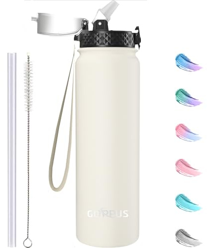 GOPPUS Botella Agua Acero Inoxidable 1L/32oz con Pajita Botellas Aisladas Doble pared Termo Reutilizable al vacío a Prueba Fugas Metal Botella Deportiva Gimnasio Fría para Hombres y Mujeres