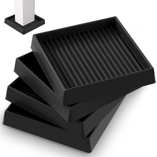 Rustark 4Pcs 100mm 4 Inch Black Square Rubber Caster Cups Non Slip Furniture Square Pads Coasters Square Pads Hardwoods Floors Protectors Non Skid Square Furniture Feet Cap for Bed Couch Tables Chair