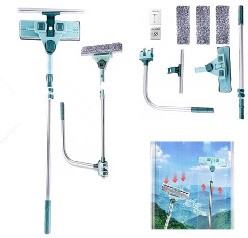 Hooha Teleskop Waschbürste Fensterputzer, Fensterabzieher Set Mit 3 Mikrofasertüchern, U-Bügel Stange Und Verlängerbarem Teleskopstiel Von 69 Bis 145 cm Für Streifenfreie Fensterreinigung