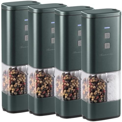 Rosenstein & Söhne 2in1-Akku-Gewürzmühle: 4er Set 2in1-Akku-Salz- und Pfeffermühle mit Keramik-Mahlwerk (Gewürzmühle elektrisch Profi, Elektrische Gewürzstreuer)