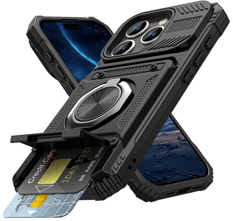 Coolden for iPhone 16 Pro Max Case with Card Holder [Max 2 Cards] Ring Kickstand Shockproof Military Grade Dual Layer Heavy Duty Protective Wallet Case Cover for iPhone 16 Pro Max Phone Case-Black
