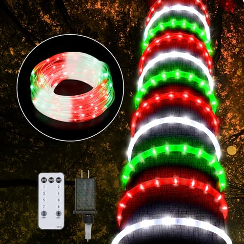 Kenburg Christmas Rope Lights Outdoor, 50Ft 600 LED Red White Green String Light, Waterproof Tube Light Plug in 8 Modes Timer Memory, Permanent Christmas Lights for Tree Fence Garden Party Decorations