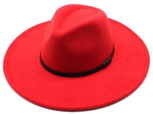 Woll-Jazzhut, 9,5 cm, große Krempe, pfirsichfarbener Zylinder, Ledergürtel, dekorativer Filzhut(Rot)